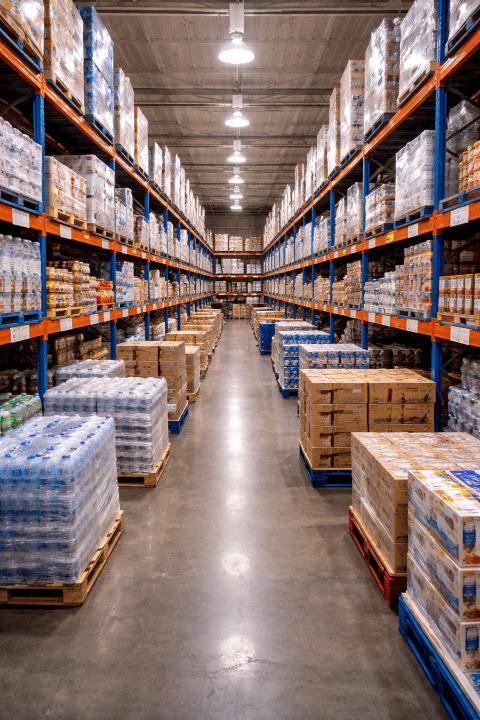 Finished pallets racked in the Olympic Oils warehouse, ready for despatch