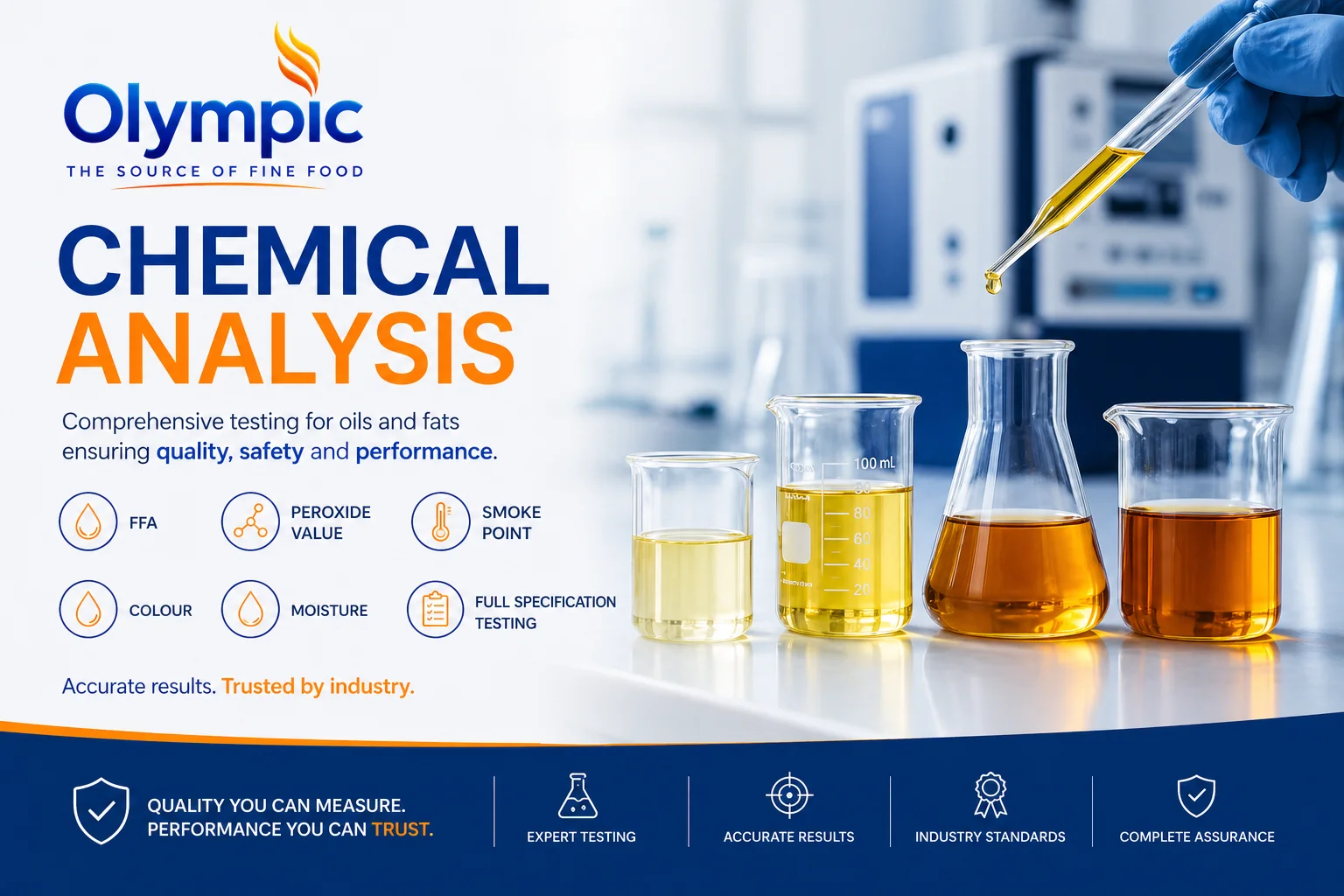 Chemical Analysis — FFA, peroxide value, smoke point, colour and moisture testing for oils and fats at Olympic Oils